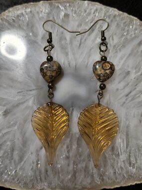 Leopard Jasper Heart And Gold Glass Leaf Dangle Earrings